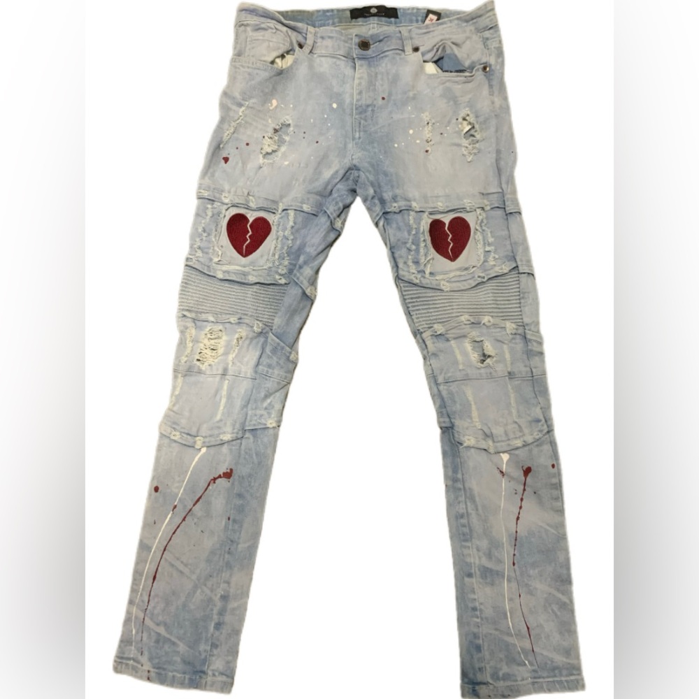 Focus 2000 Light Blue Distressed Jeans with Red Heart Details